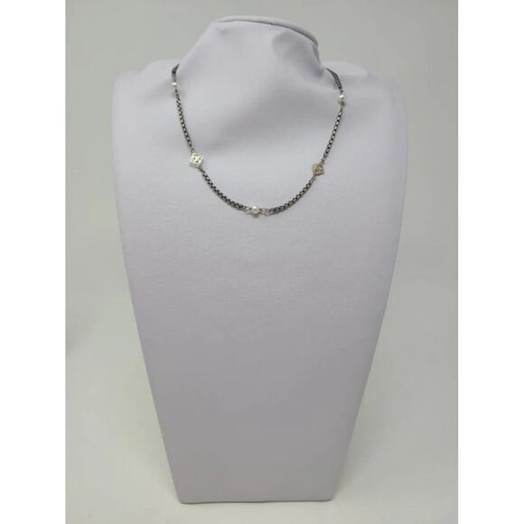 AUTH David Yurman Sterling Silver 14k DY and Pearl Station Cable Necklace - Picture 5 of 10